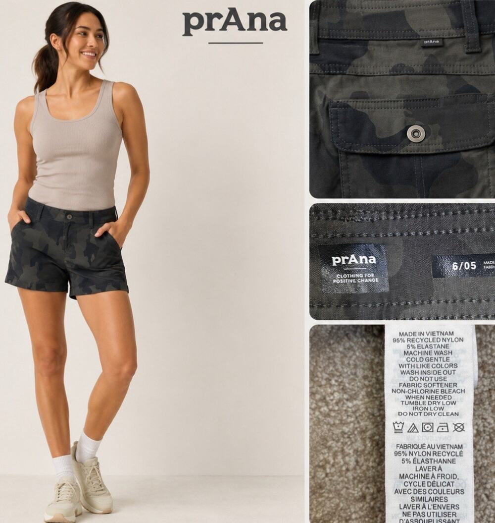 Gorpcore Performance prAna Standard Fit Camo Shorts Size 6 Black Recycled Nylon
